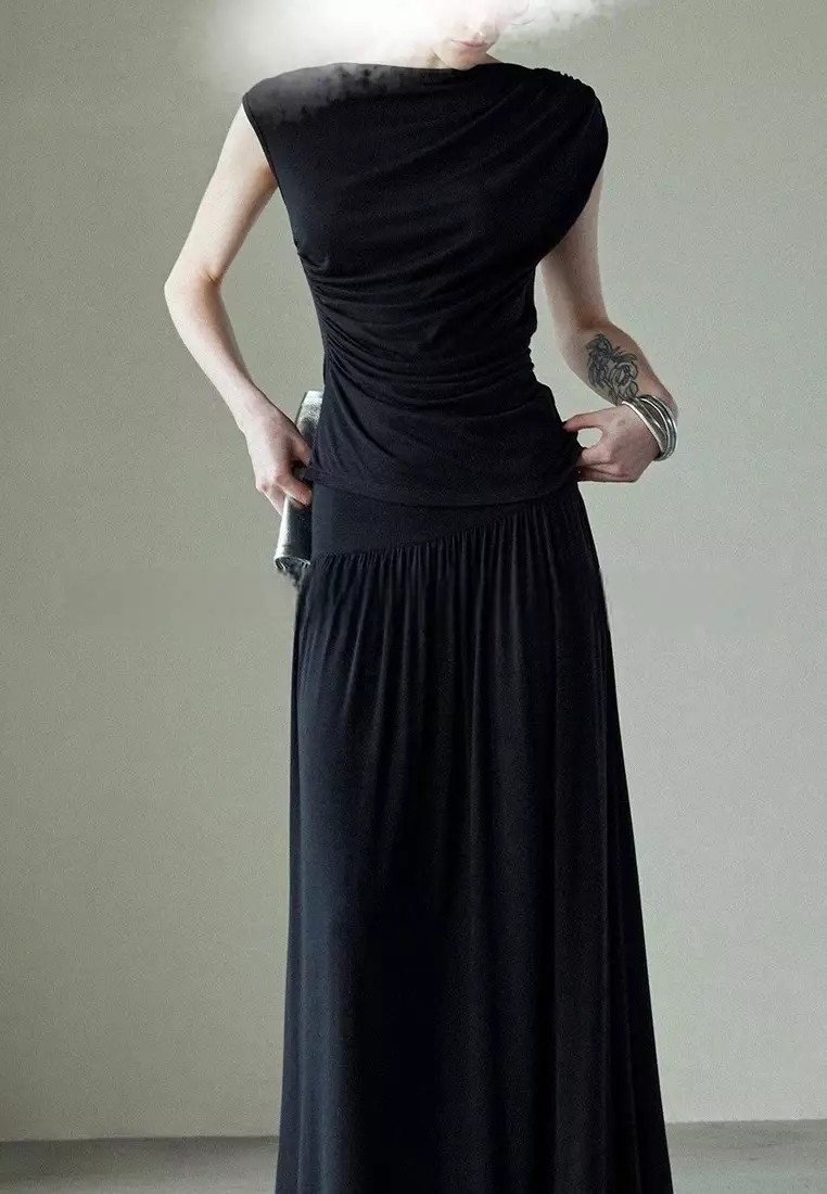 Fashionable and elegant round neck sleeveless vest and long skirt suit dress K052809GY
