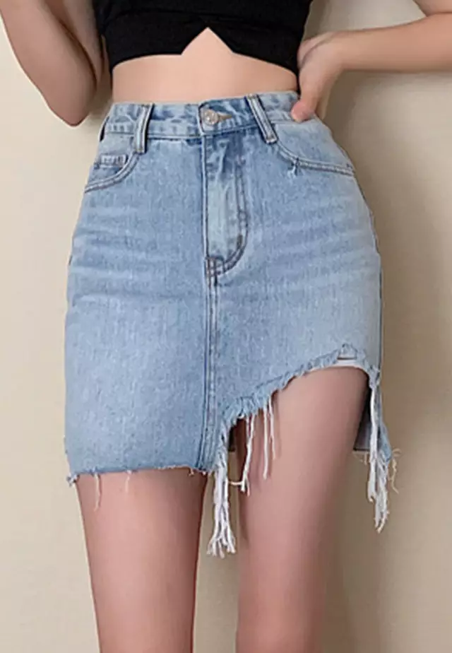 Retro Irregular Tassel High Waist Denim Skirt A21031911BL-M