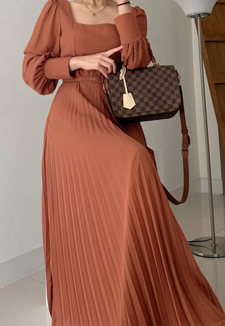 French square neck long sleeved pleated dress CA24092722BK