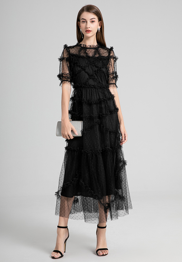 New summer mesh flocking polka dot ruffle short-sleeved dress CA25021340BK