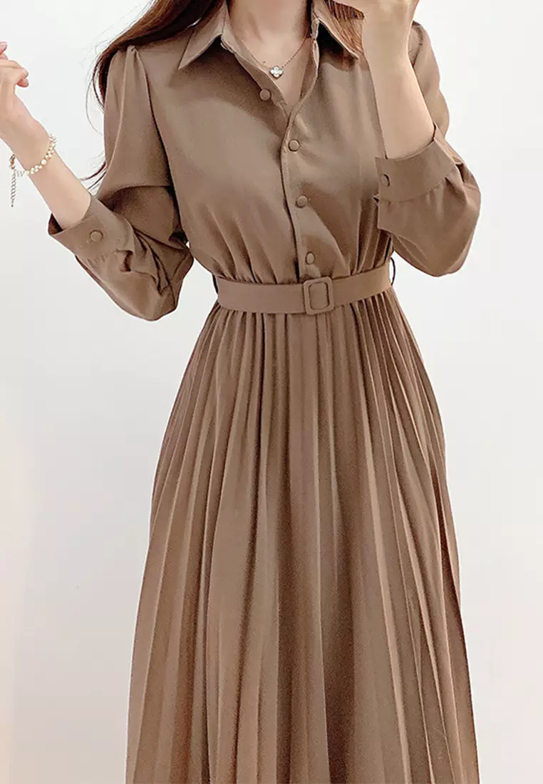 Korean Elegant Single breasted Flip Collar Long Dress CA24092713BW