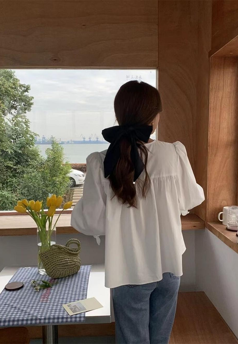 Spring French Round Neck Solid Color Long Sleeve Shirt CA25031101YE