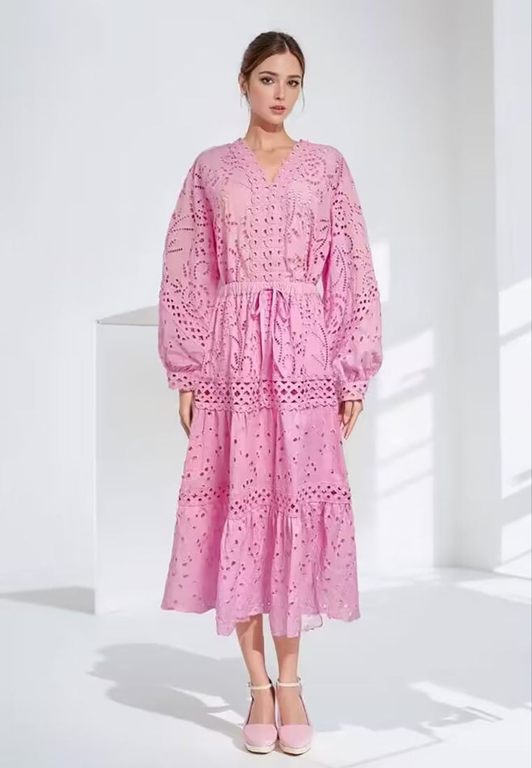 2024 Autumn V-neck Lantern Sleeve Top Slimming Long Dress Set CA24081611PI