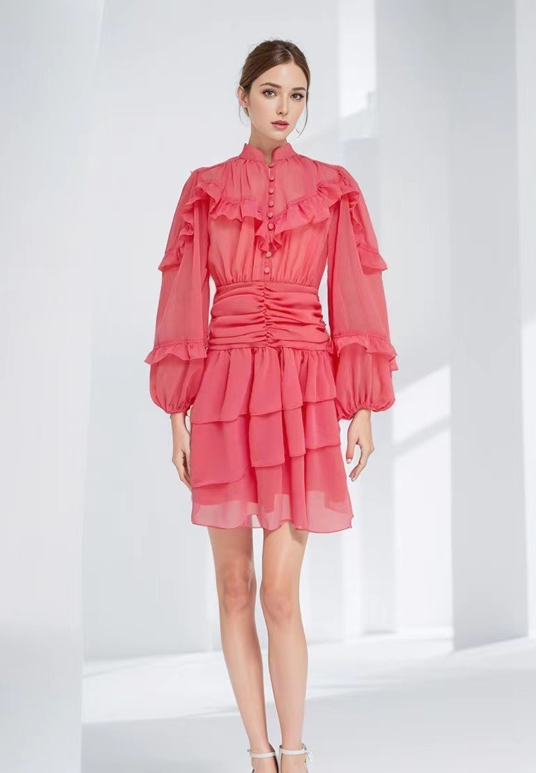 2024 autumn standing collar lotus leaf side length dress CA24081612BE