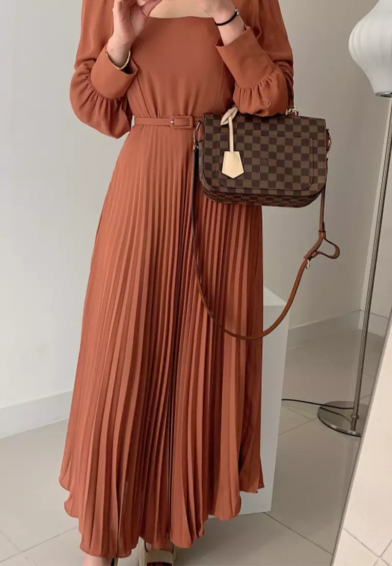 French square neck long sleeved pleated dress CA24092722BK