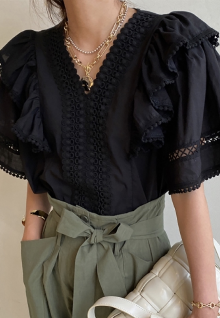 2025 new French hollow crochet patchwork shirt CA25021315W