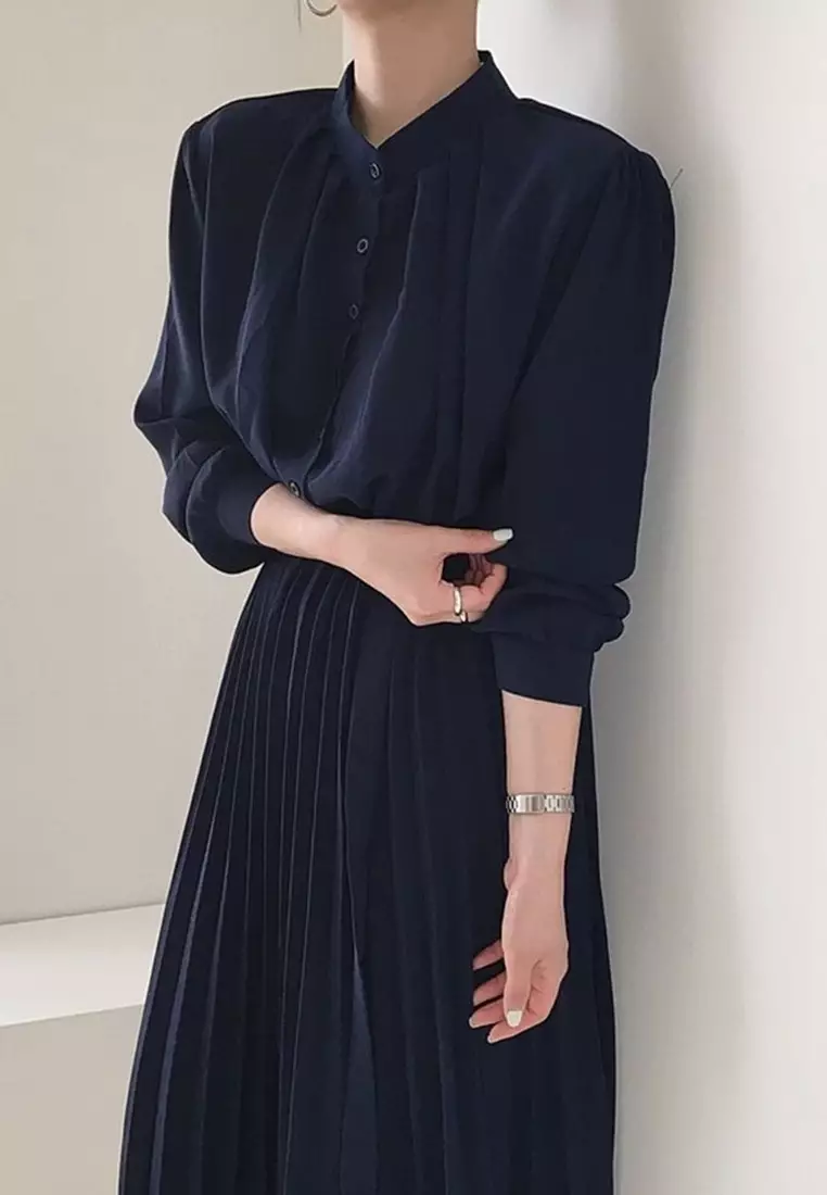 Korean bubble sleeve pleated stand up collar lace up dress CA24092714BK