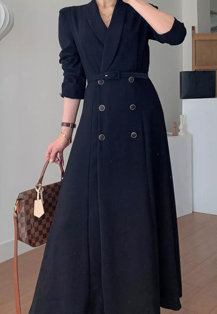 French style waist cinching solid color long dress CA24092723PI