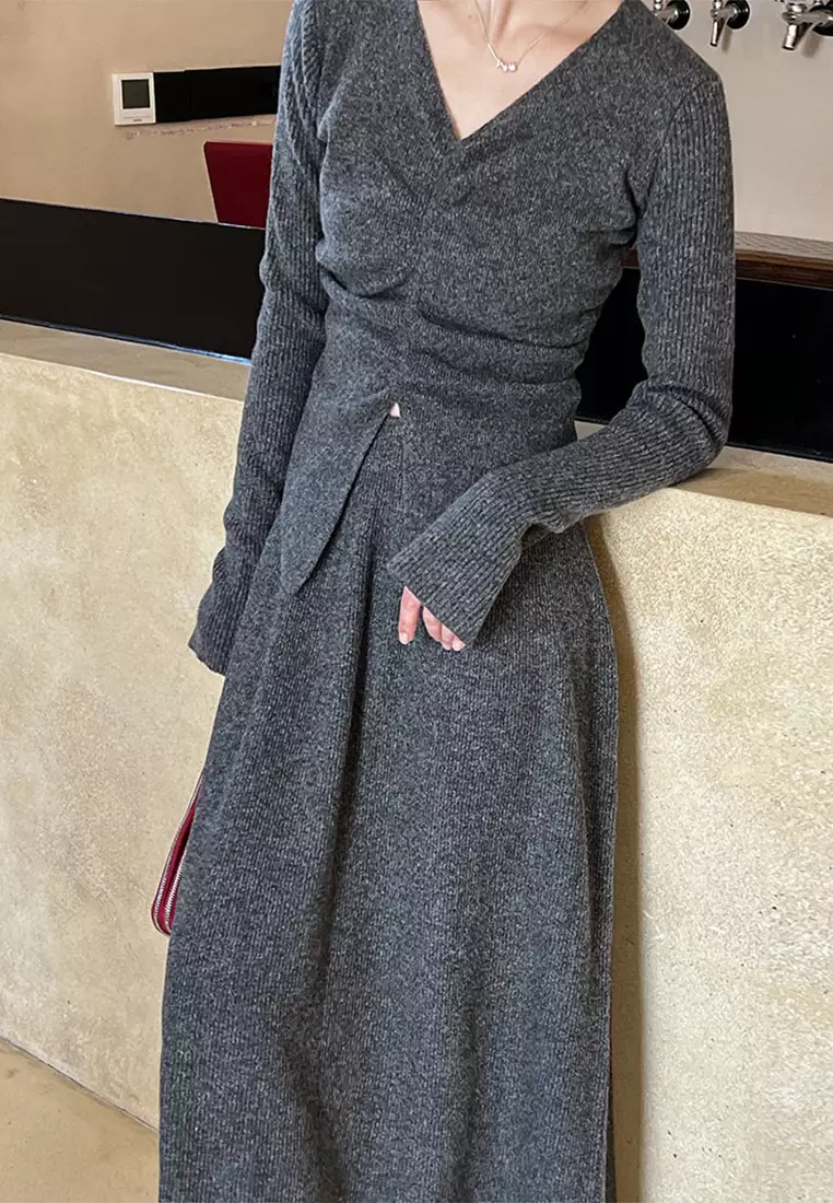 New slim fit pleated top knitted skirt set CA24092353BK