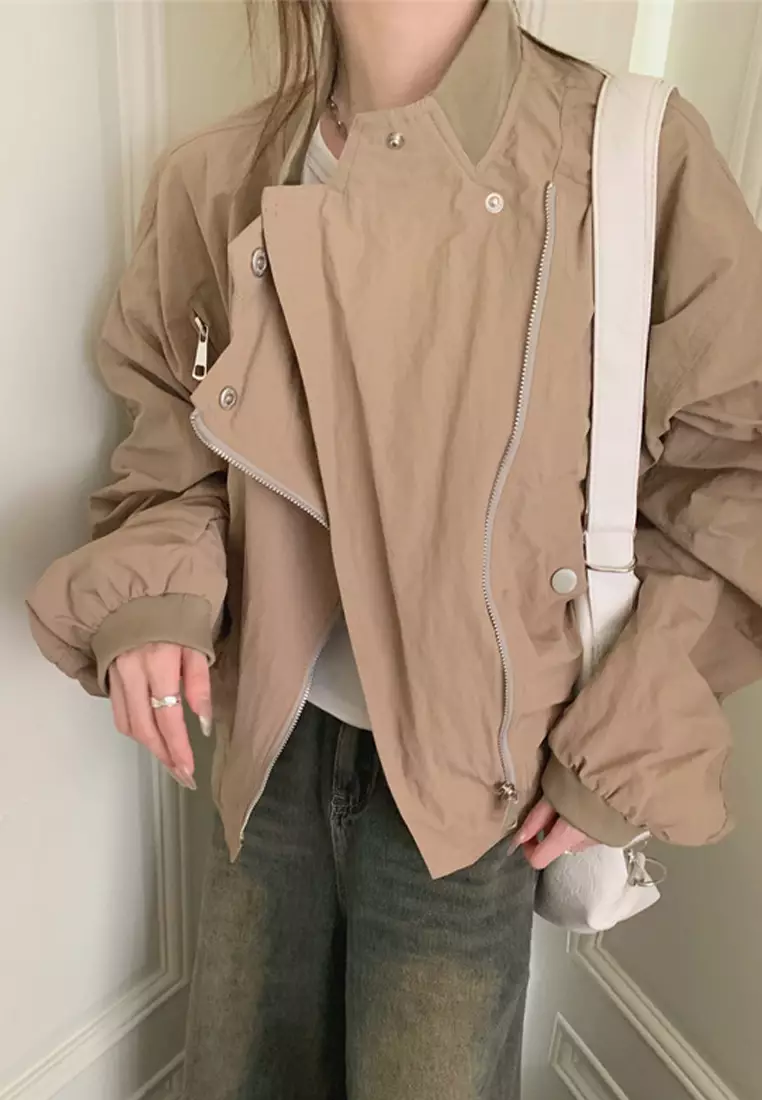 Stand up collar zipper solid color jacket CA24092327BK