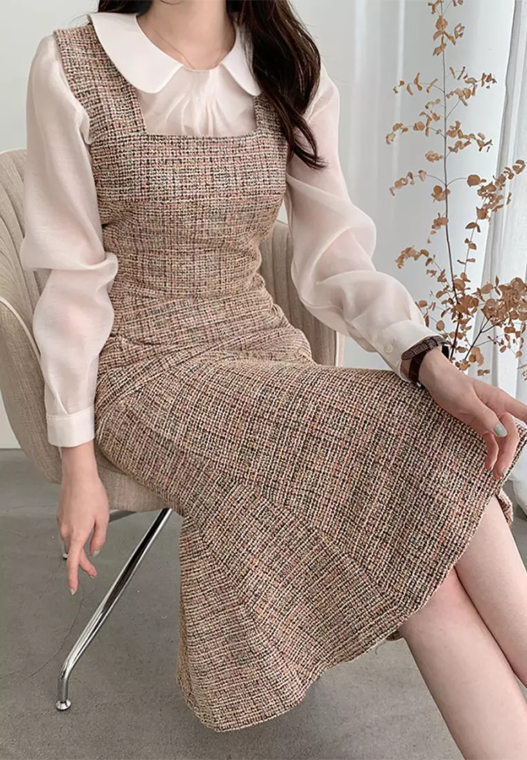 Vintage long shoulder strap dress with temperament CA24092717BW