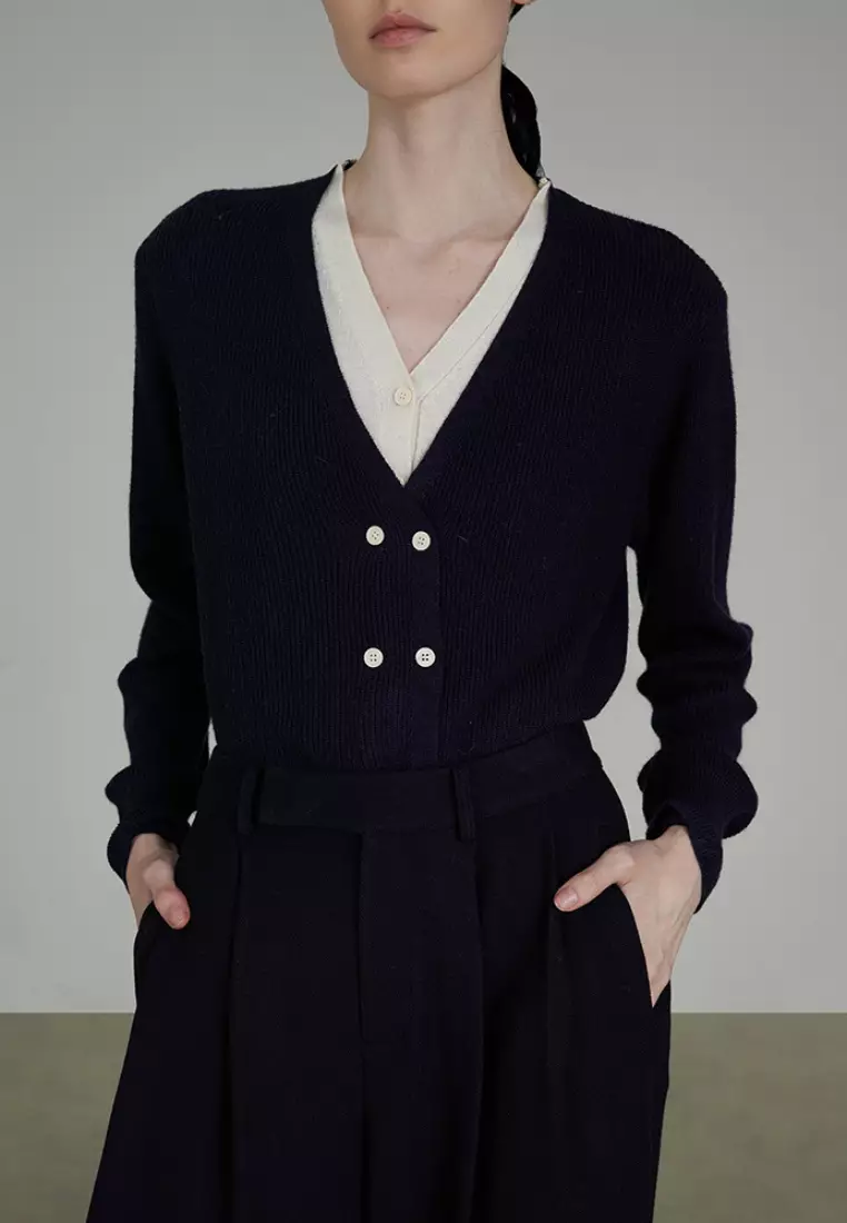 Temperament new color block V-neck knitted fake two-piece top K112505GY