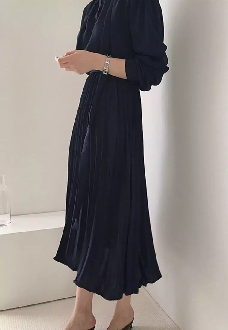 Korean bubble sleeve pleated stand up collar lace up dress CA24092714BK