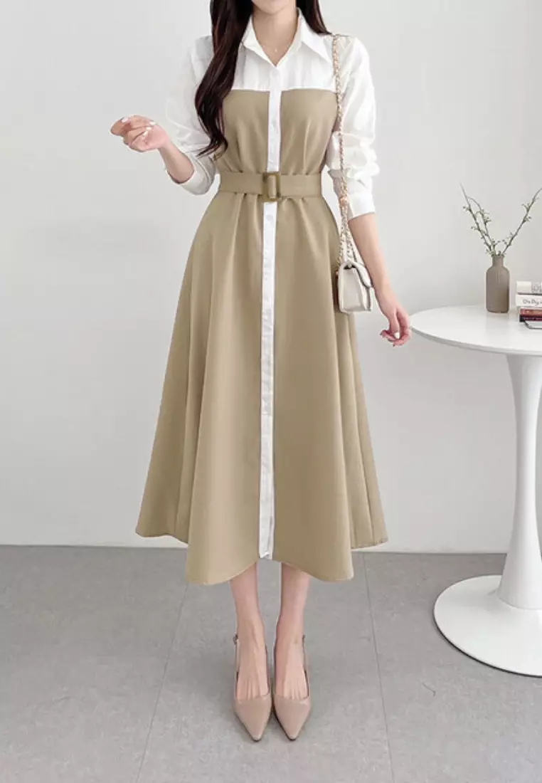 New elegant single-breasted contrasting color splicing shirt long-sleeved dress K103102BE