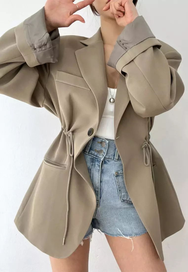 French retro drawstring waist jacket CA24092718BK