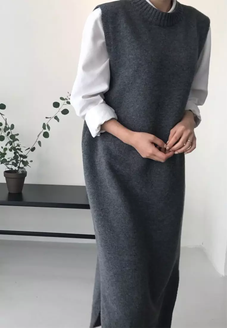 Classic retro long knit vest dress CA24092516BK
