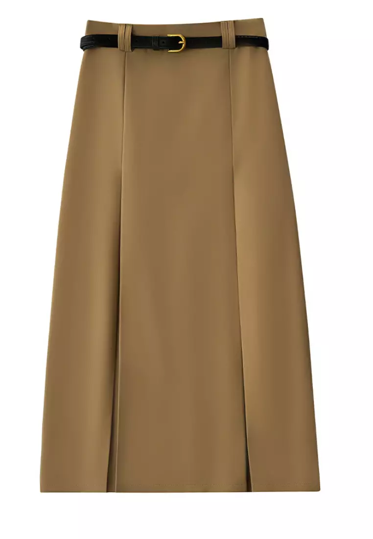 Temperament new high waist slit pleated skirt belt suit skirt K1021011BK
