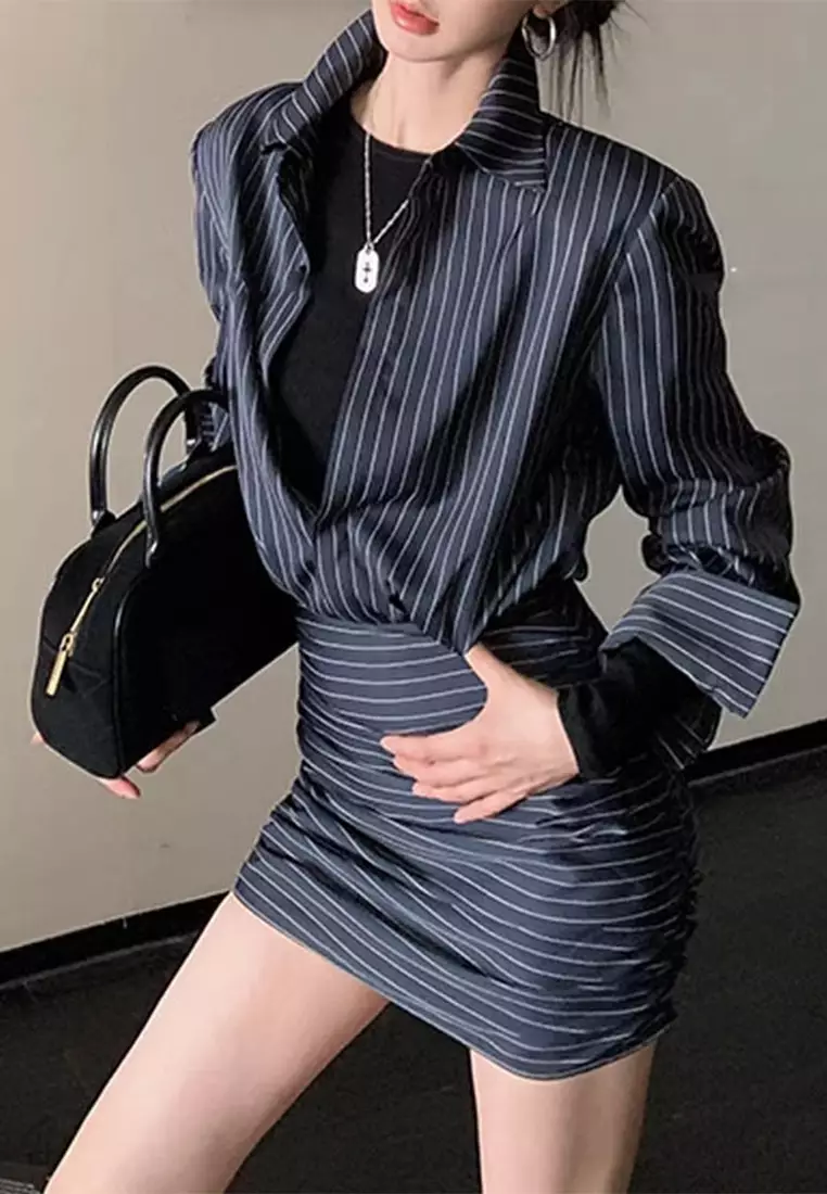Striped shirt waist cinching single breasted short skirt set CA24092705MT