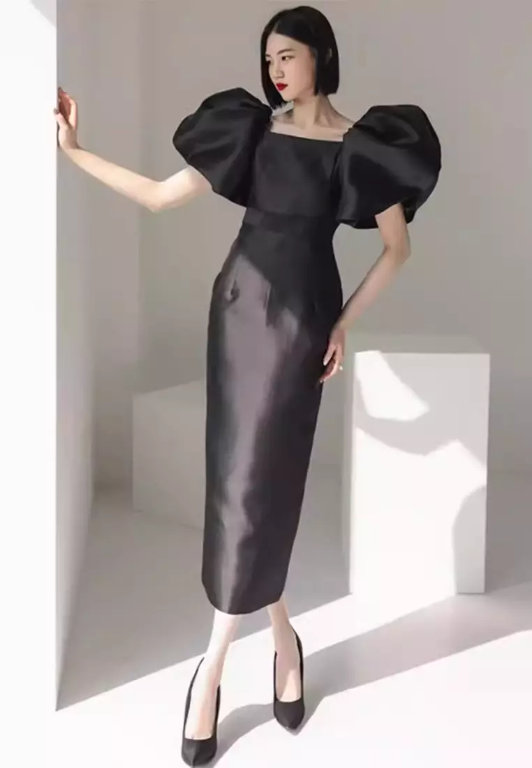 Elegant bubble sleeve slim fit dress CA24102532BK
