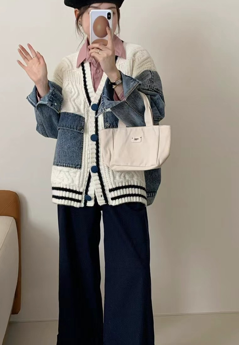 Temperament new denim splicing knitted jacket Cardigans K121001BL