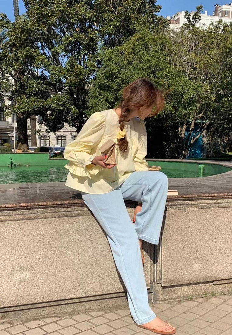 Spring French Round Neck Solid Color Long Sleeve Shirt CA25031101YE