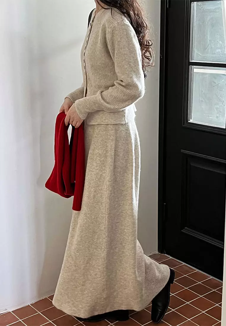 French round neck sweater cardigan skirt set CA24092356GY