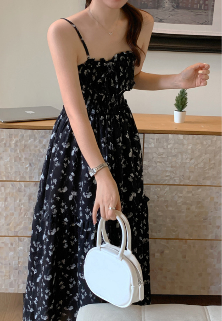 Retro square collar waist cinching floral suspender dress CA25032736YE