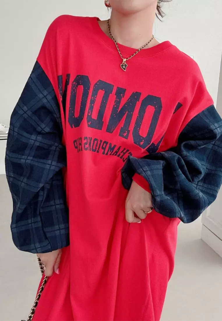 Spliced lantern sleeve printed loose dress CA24092508BK