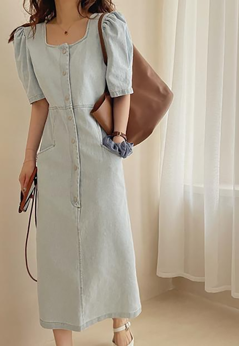 Vintage square neck single breasted long denim dress CA25021319DBL