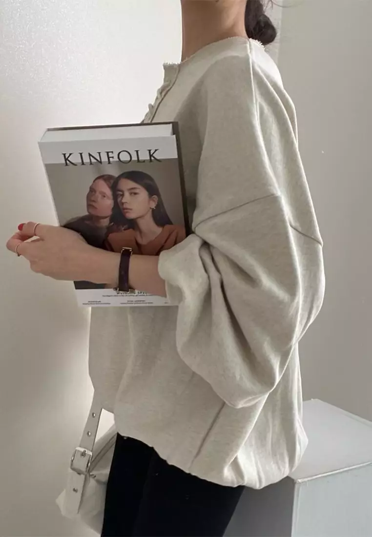 Vintage lace up lantern sleeve loose top CA24092514GY