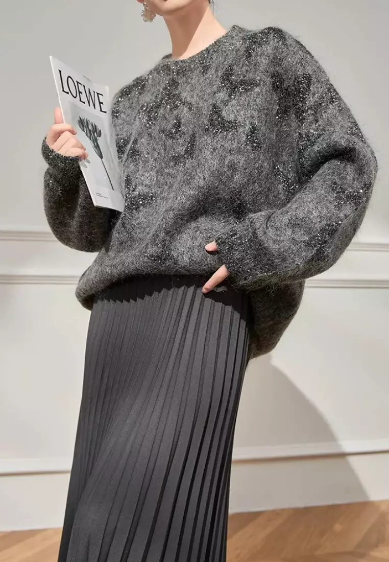 Temperament new gray star pattern shiny mohair knitted sweater top K112601