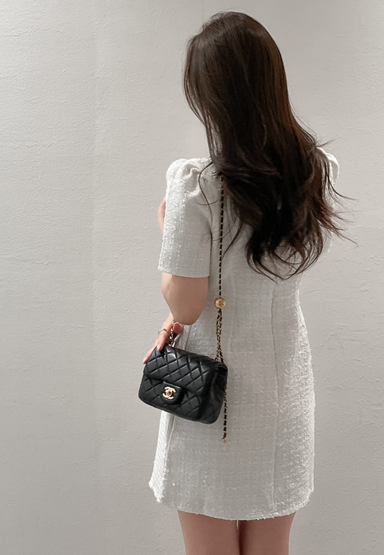 Temperament round neck slim button dress CA25032729W