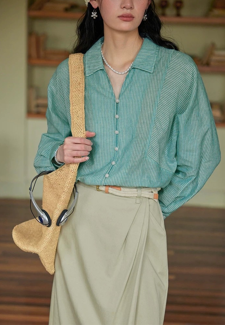 French striped thin slim loose top CA25091923BL