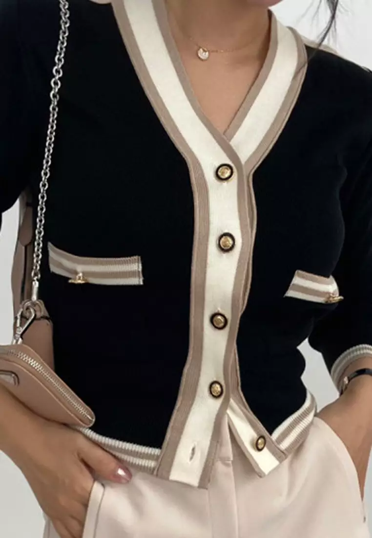 Vintage patchwork knitted cardigan sweater CA24092747BL