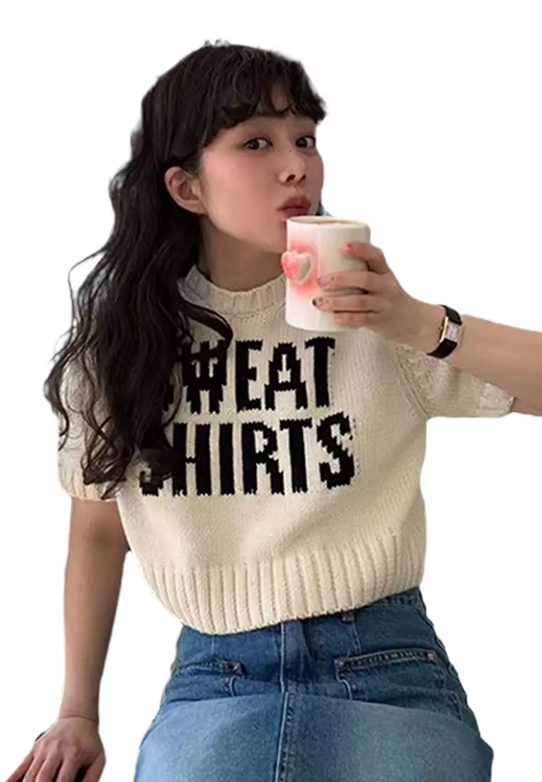 Korean high waisted short sleeved letter knit sweater CA24092712BE