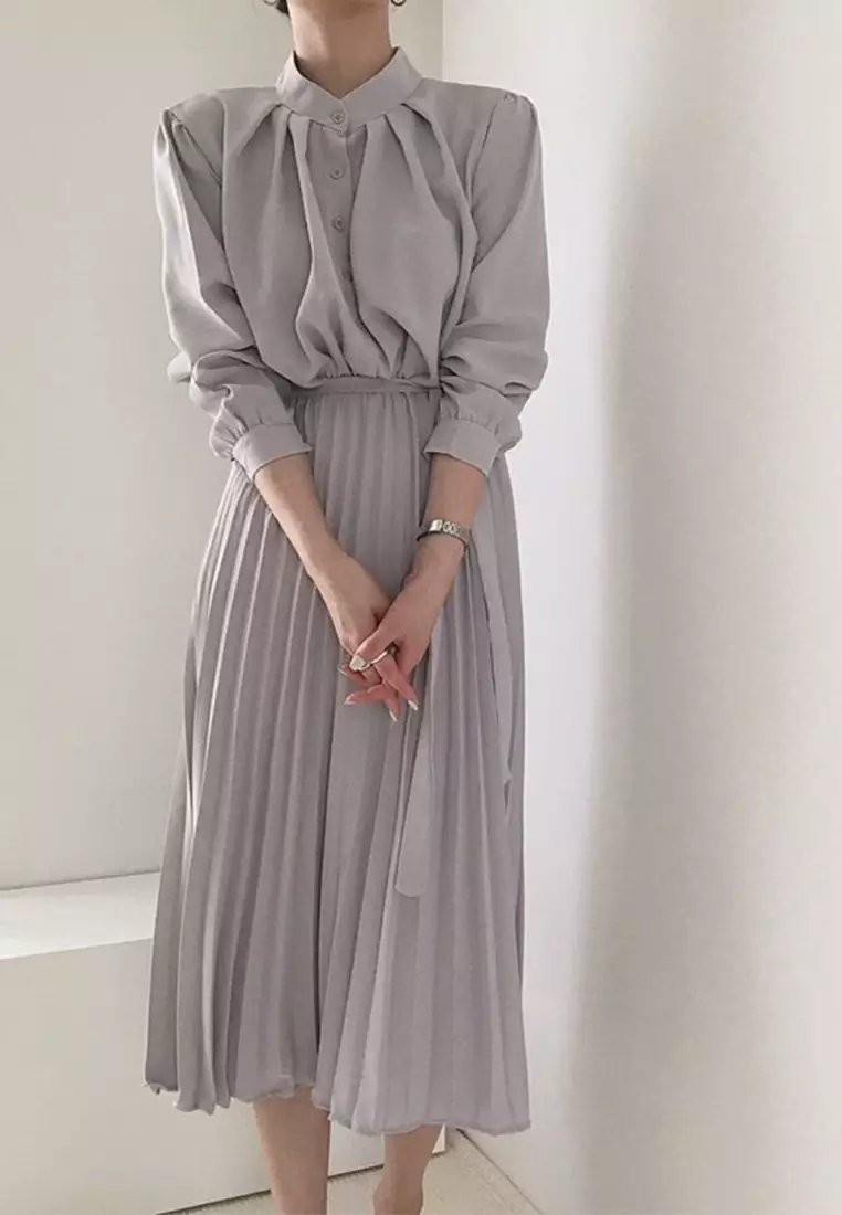 Korean bubble sleeve pleated stand up collar lace up dress CA24092714BK