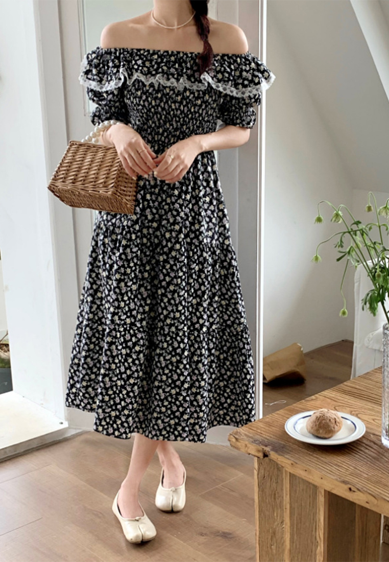 French square neck gentle flared sleeve dress CA25032735PI