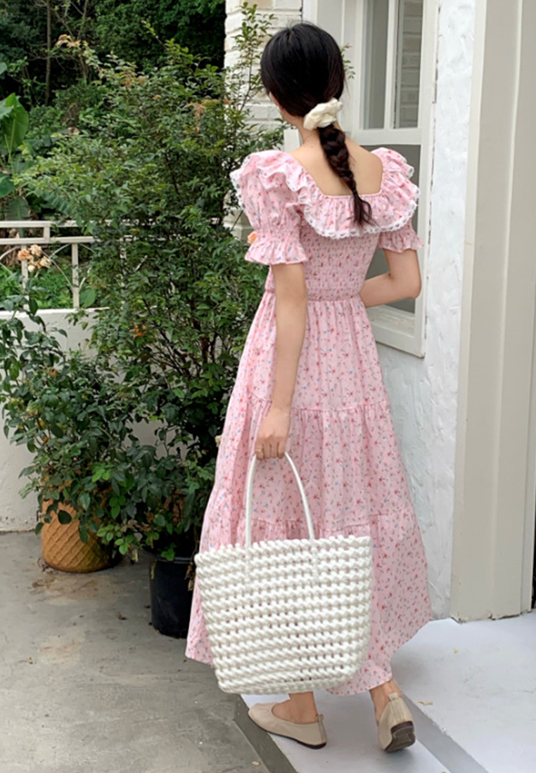 French square neck gentle flared sleeve dress CA25032735PI