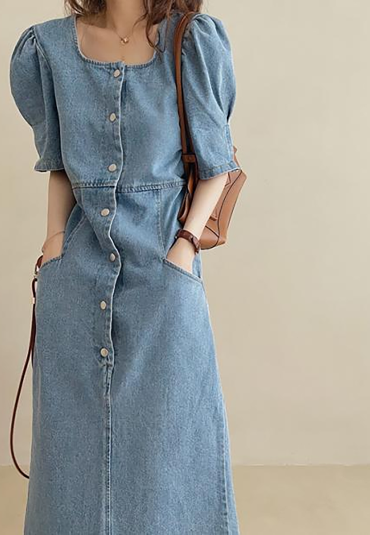 Vintage square neck single breasted long denim dress CA25021319DBL