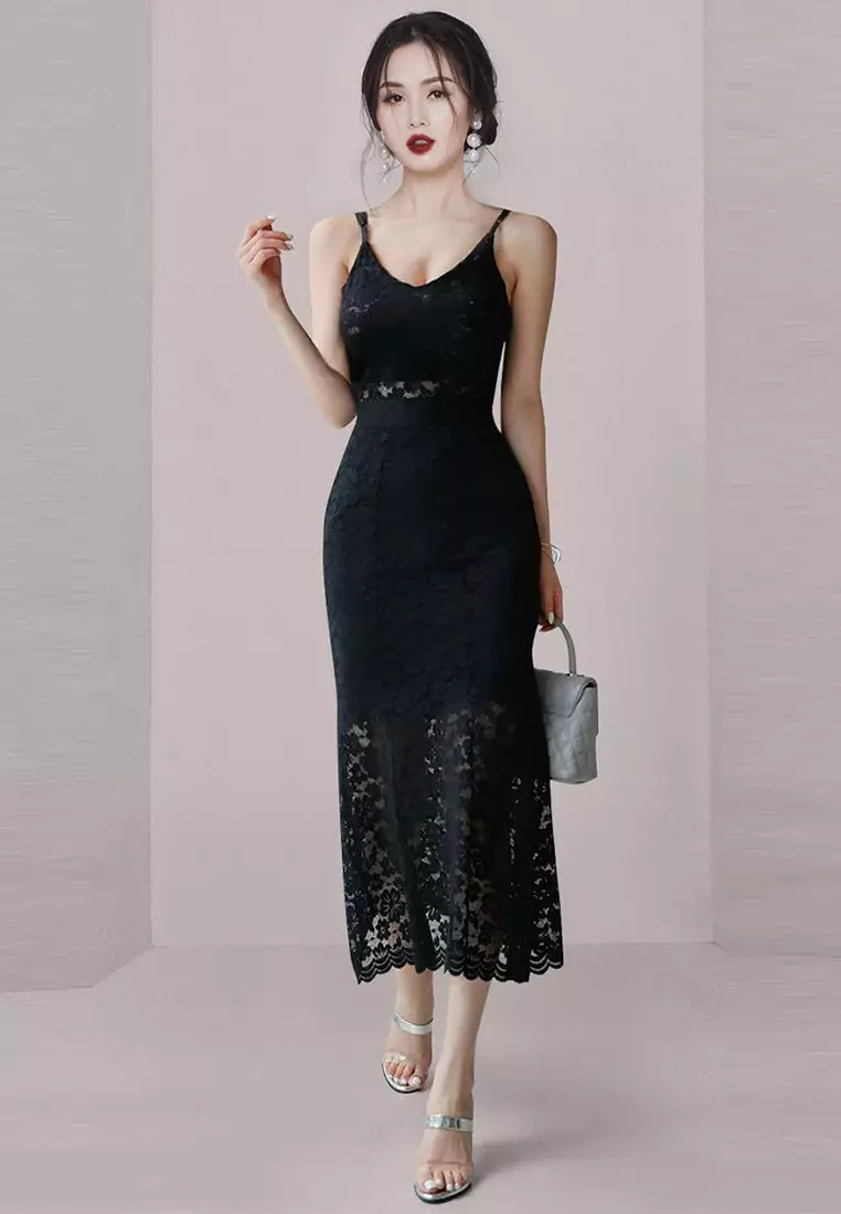 French Style Black Hollow Lace Strap Dress CA100568BK-L