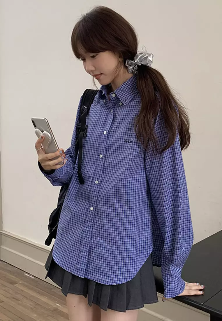 Korean ins retro plaid long sleeved shirt CA24092320MT