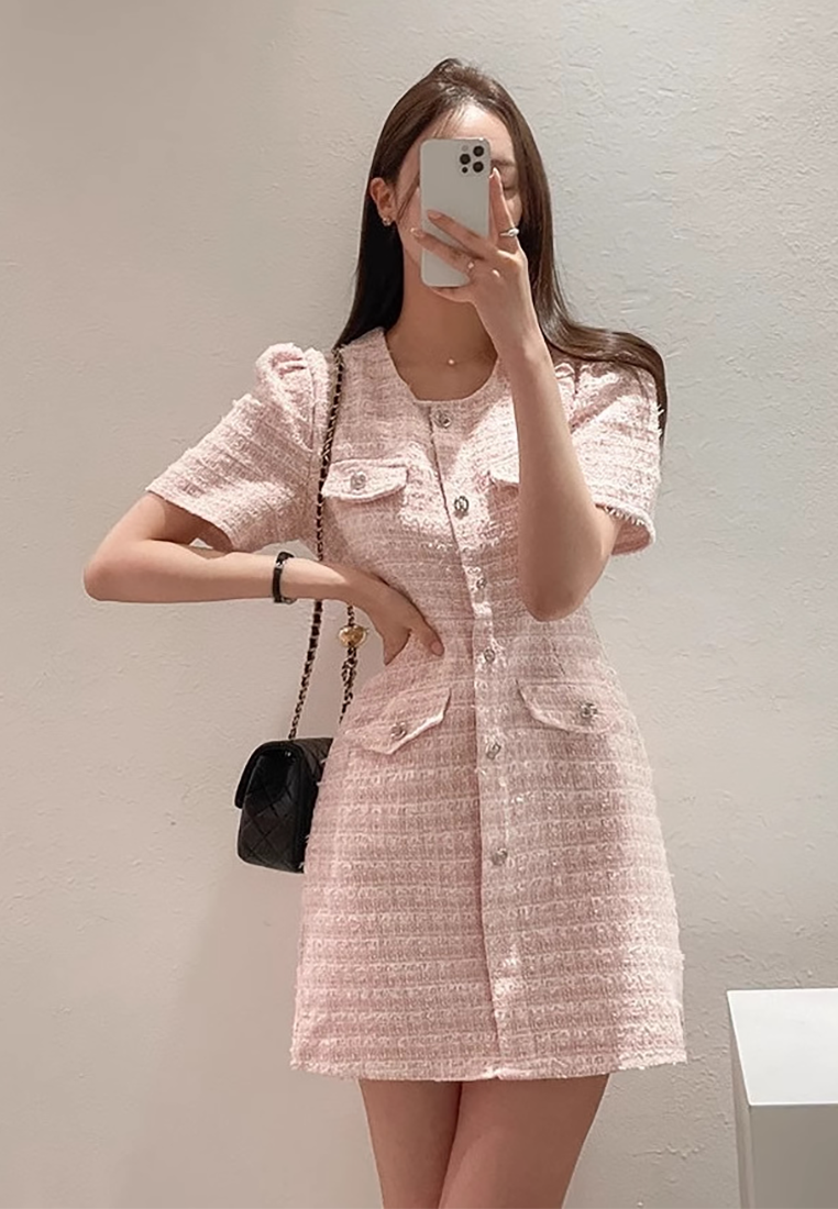 Temperament round neck slim button dress CA25032729W