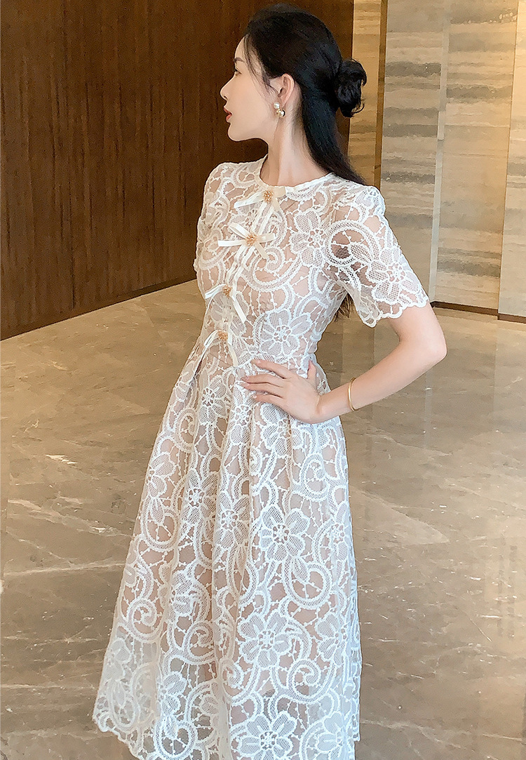 French round neck puff sleeve lace waisted long skirt CA25021334RD