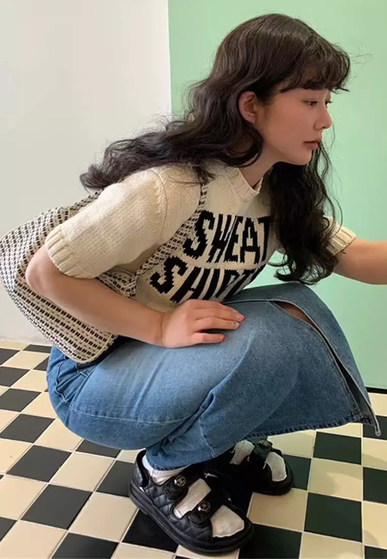 Korean high waisted short sleeved letter knit sweater CA24092712BE