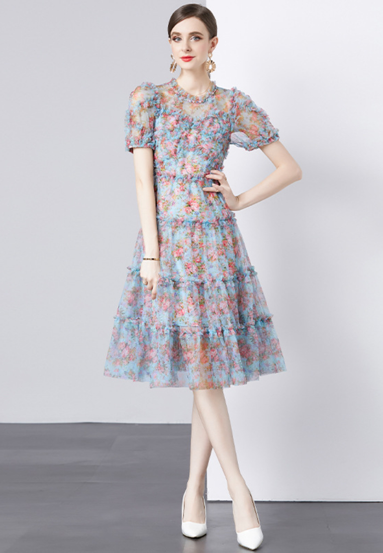 Elegant Floral Print Tulle Tiered Midi Dress K26062802