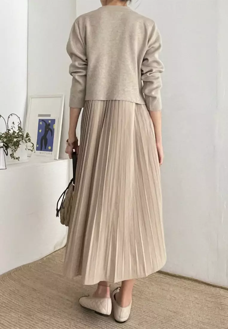 Casual versatile knitted sweater pleated camisole half skirt set CA24092736GY