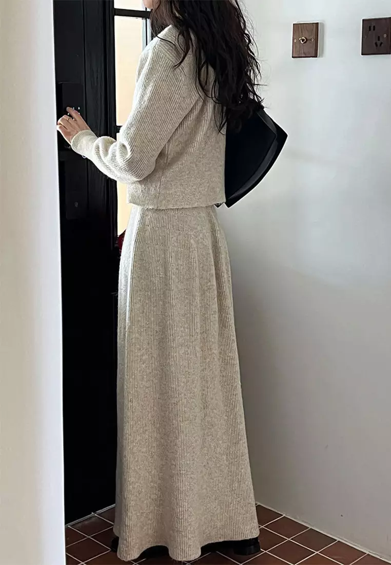 French round neck sweater cardigan skirt set CA24092356GY