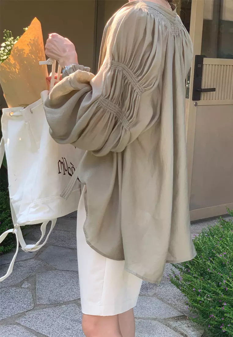 French ribbon V-neck long sleeved top CA24092511GR