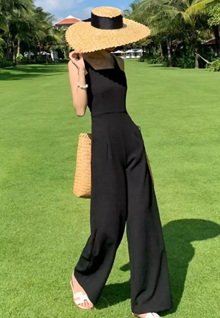 Black High Waist Open Back Wide Leg Jumpsuit A22022509