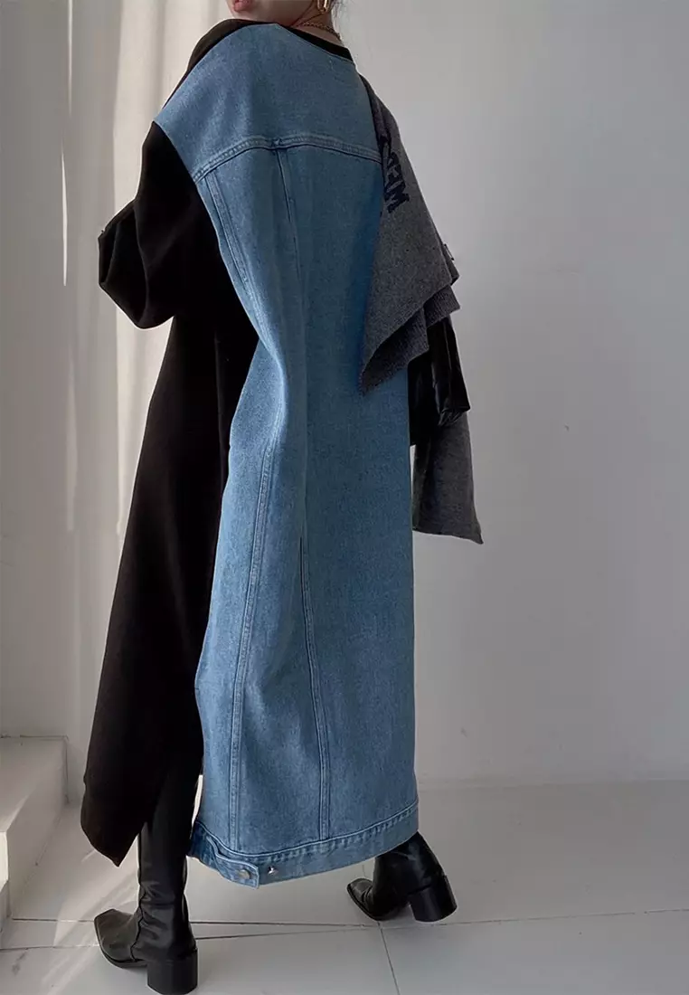 Korean printed patchwork denim loose dress CA24092506GY